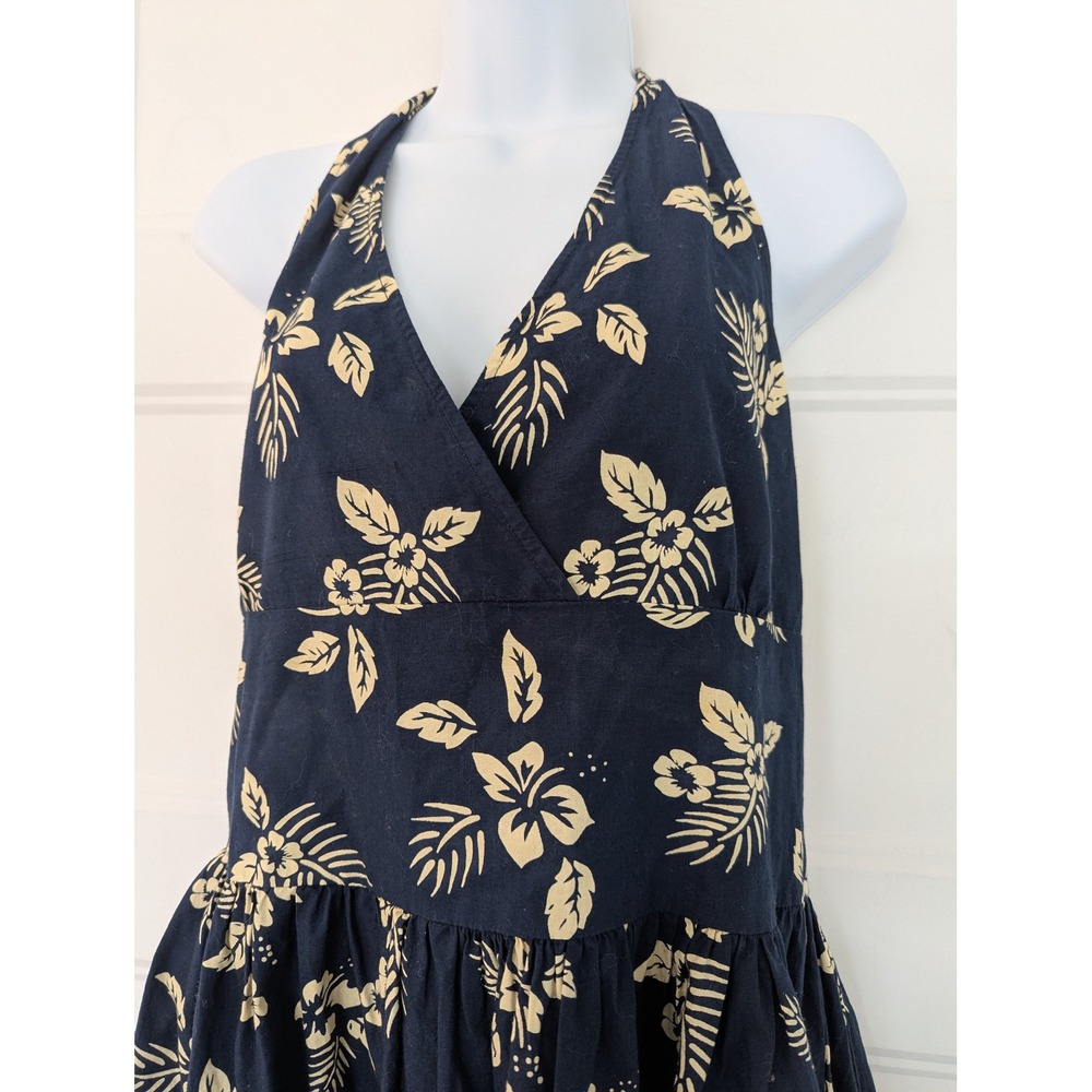 Navy Blue Tropical Hibiscus Floral Cotton Halter Midi Dress Large - Picture 5 of 10